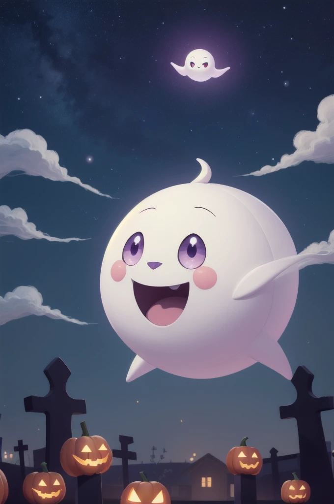 ((masterpiece,Highest quality)),Absurd,cute_Ghost,No humans,alone,Ghost,floating,Halloween,Pokemon (Living things),cute,alone,smile,View your viewers,Purple Theme,Cemetery in the background,Night Sky、Beautiful stars