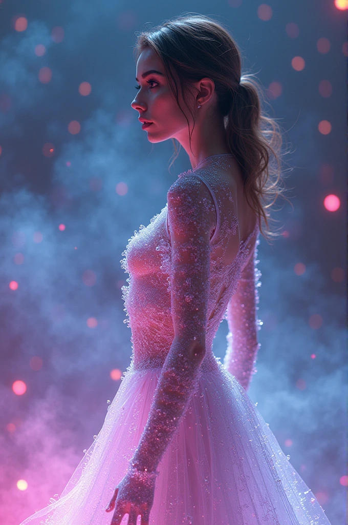 a woman with a dress made of glass filaments, surreal, neon colors, fog, volumetric lighting, highly detailed, fashion