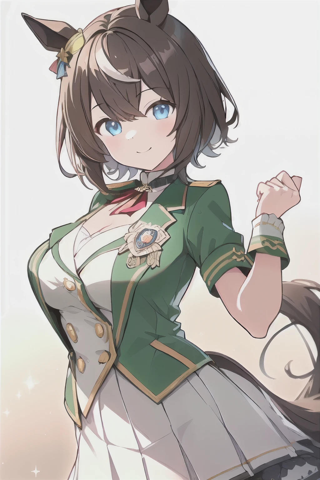 (illustration, white background, cowboy shot), facing straight on, look at viewer,
one girl, (umamusume), , horse ear, (airy dark brown straight hair, white ), hair ornament, gentle smile,
BREAK
navy green jacket, silky blouse, white dress, airy flare skirt, yellow ribbon, breast, Cleavage, Medal patch, white socks