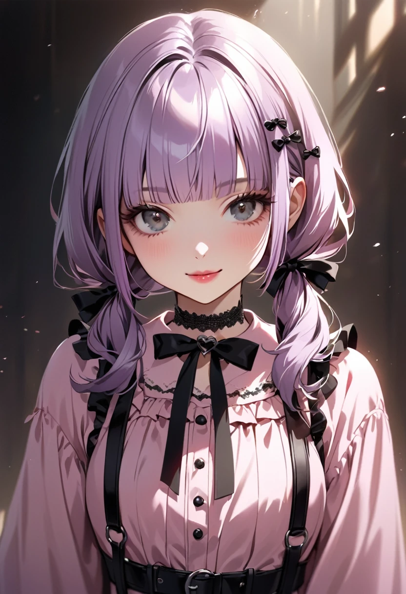  (Cute a girl:1.5), (a girl with closs hair pin, pale purple hair, low twintail, blunt bangs hair, green and black eyes, closs hair pin,pink lips,
pink shirt,cosplay, jirai kei, bangs, black skirt, black bow, looking at viewer, bow, long sleeves, choker, ribbon,smiling,
:1.4), anime visual, (tilt head:1.3), realistic lighting and shading,muted colors,soft focus, (an extremely delicate and beautiful art:1.3),