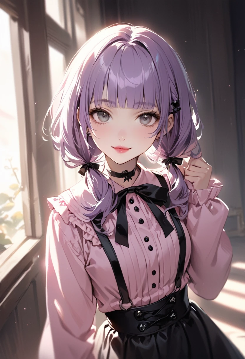 (Cute a girl:1.5), (a girl with closs hair pin, pale purple hair, low twintail, blunt bangs hair, green and black eyes, closs hair pin,pink lips,
pink shirt,cosplay, jirai kei, bangs, black skirt, black bow, looking at viewer, bow, long sleeves, choker, ribbon,smiling,
:1.4), anime visual, (tilt head:1.3), realistic lighting and shading,muted colors,soft focus, (an extremely delicate and beautiful art:1.3),