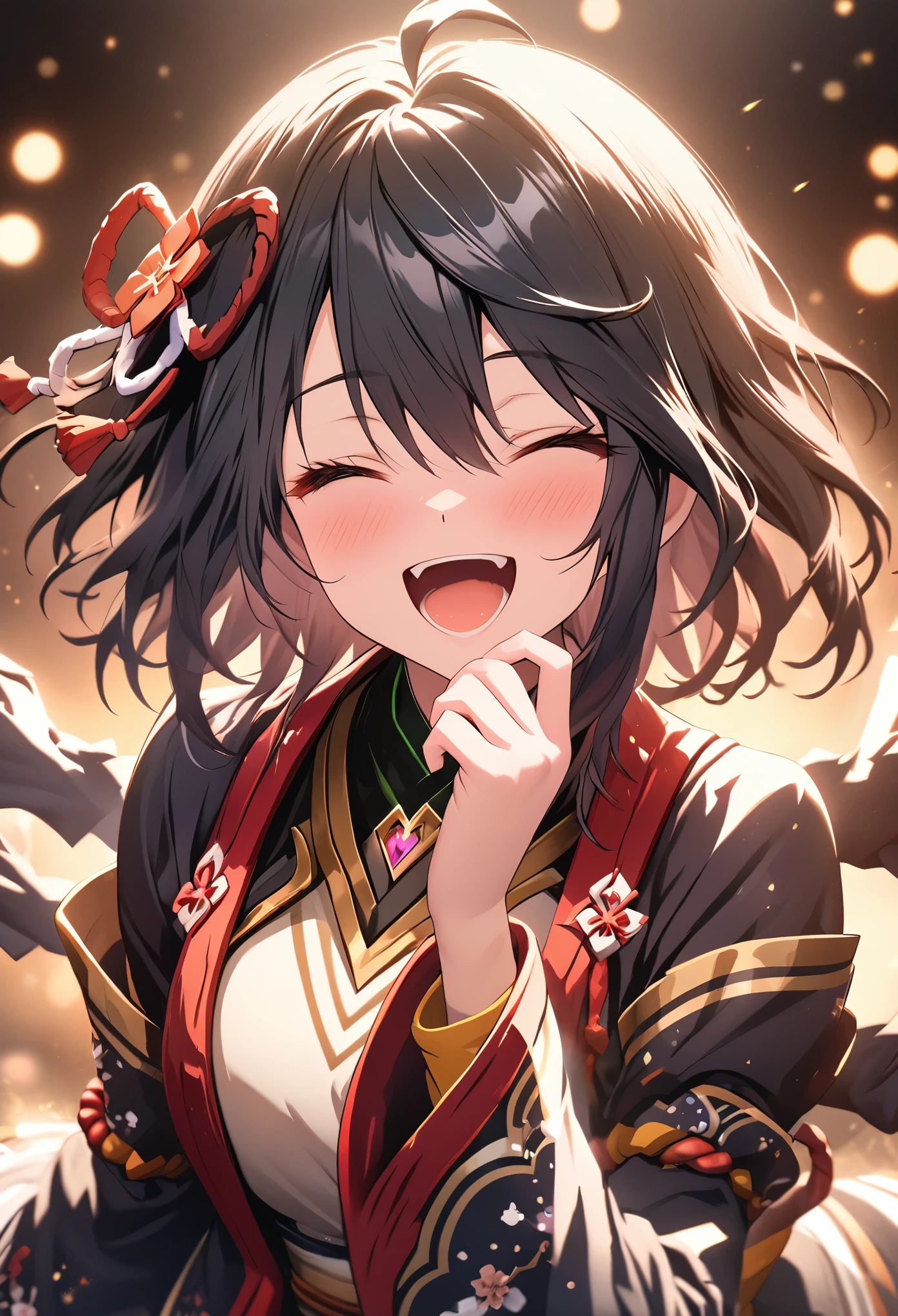 masterpiece, best quality, extremely detailed CG unity 8k wallpaper, A character from the anime Uma Musume. Precise illustration of Kitasan Black,  Light effects, Lightning effect, The background is dark and the light of the spotlight, Motion Blur, Depth of written boundary, Cinema Lighting, bokeh photography, (soft focus):1.2, out-of-focus highlights, dreamy ambiance, glowing circles, mesmerizing depth, Close your eyes and open your mouth, Big smile