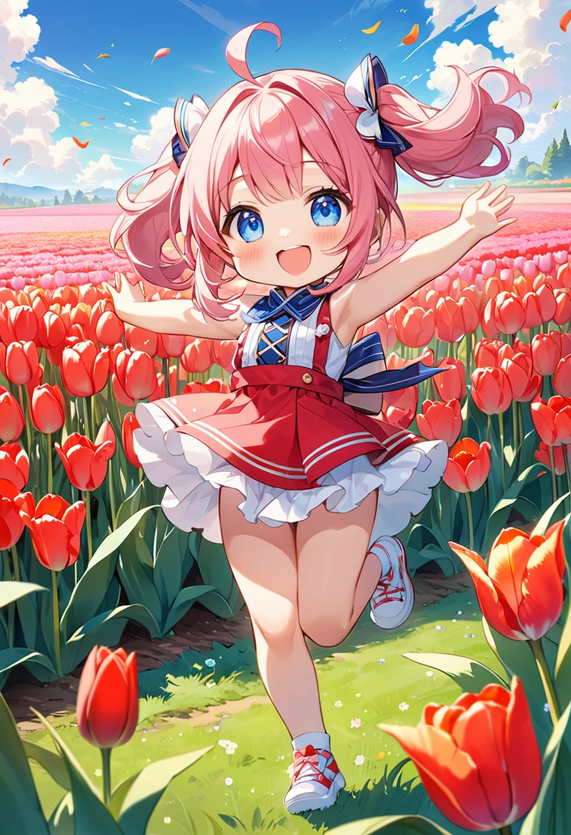 Highest quality、High resolution、Detailed Background、Beautiful face in every detail、Anatomically correct、Detailed facial expressions、fine grain、((full body, from below:1.8, side shot)), break　((One Girl:1.2)、(Chibi Girl:1.2))、Cute hair color、Big beautiful blue eyes、Fuller lips、Pink Lips、Braided twin tails、Ahoge、(Running through the tulip fields:1.2、Blurred Tulip)、(Cute sleeveless spring outfit、mini skirt、Cute sneakers)、break　((Jumping with joy:1.2))、((stretch both arms horizontally:1.2))、I have nothing in my hands、(Happy expression:1.2、Big smile:1.2)、break　(The background is the spring sky、Spring Clouds、Flower storm、Big Frog)