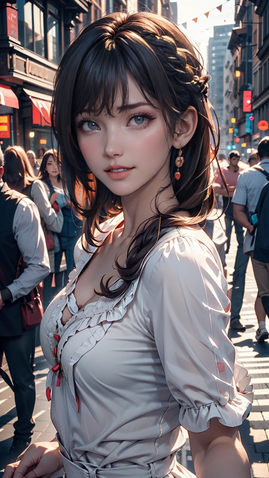 Highest quality, Realistic, 1peopleの女の子, woman,(Skin Dentition), Mid-chest, (bright), (Professional Lighting, Bokeh), (street), people々, crowd, Braided bangs, (blouse:1.5), (Portrait:0.8), nice, bloom, Floating Hair, (Dynamic pose:0.6) , Soft lighting,
