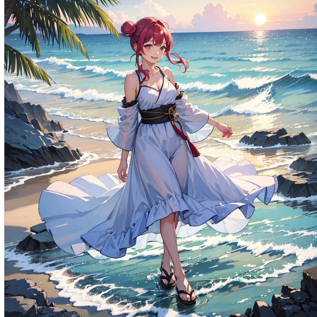 Photorealistic, high-quality 32k photo of a beautiful Japanese girl in a summer dress, with detailed eyes and a joyful smile, walking along the beach. She’s wearing a light, flowy dress with sandals, her hair tied back in a casual bun, and a sun hat. The image captures her full body with the serene beach and sunset in the background, emphasizing her carefree spirit and the romantic beach setting