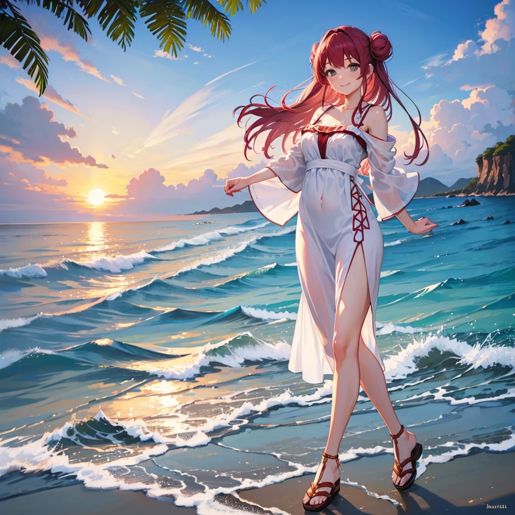 Photorealistic, high-quality 32k photo of a beautiful Japanese girl in a summer dress, with detailed eyes and a joyful smile, walking along the beach. She’s wearing a light, flowy dress with sandals, her hair tied back in a casual bun, and a sun hat. The image captures her full body with the serene beach and sunset in the background, emphasizing her carefree spirit and the romantic beach setting