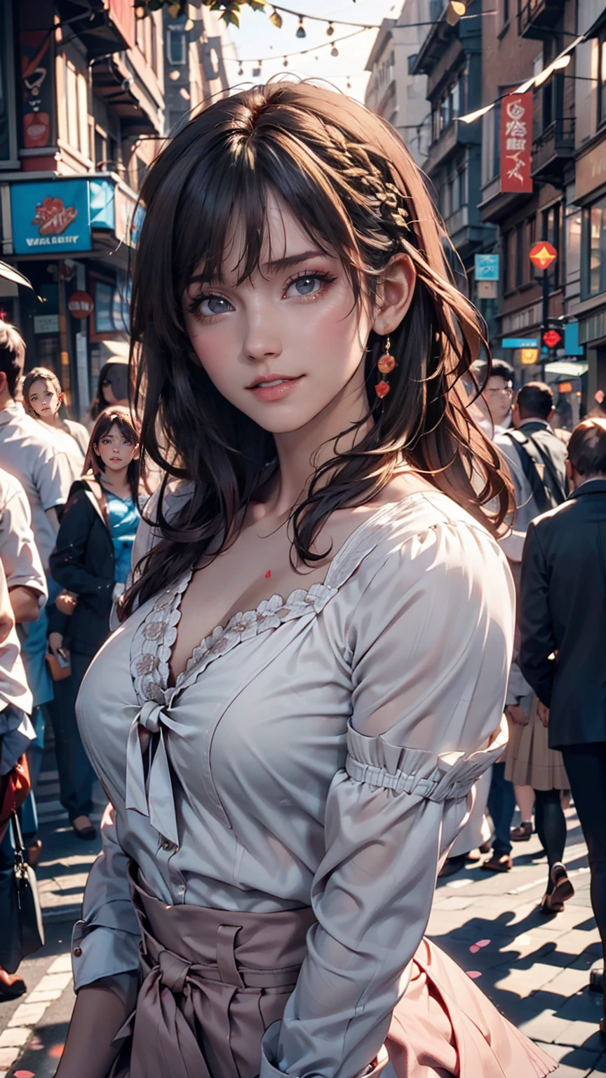 Highest quality, Realistic, 1peopleの女の子, woman,(Skin Dentition), Mid-chest, (bright), (Professional Lighting, Bokeh), (street), people々, crowd, Braided bangs, (blouse:1.5), (Portrait:0.8), nice, bloom, Floating Hair, (Dynamic pose:0.6) , Soft lighting, 