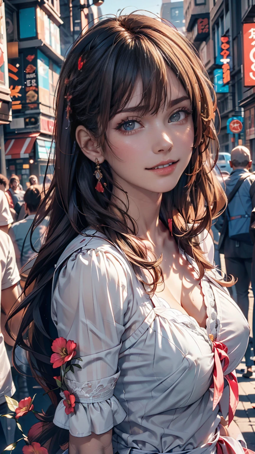 Highest quality, Realistic, 1peopleの女の子, woman,(Skin Dentition), Mid-chest, (bright), (Professional Lighting, Bokeh), (street), people々, crowd, Braided bangs, (blouse:1.5), (Portrait:0.8), nice, bloom, Floating Hair, (Dynamic pose:0.6) , Soft lighting,