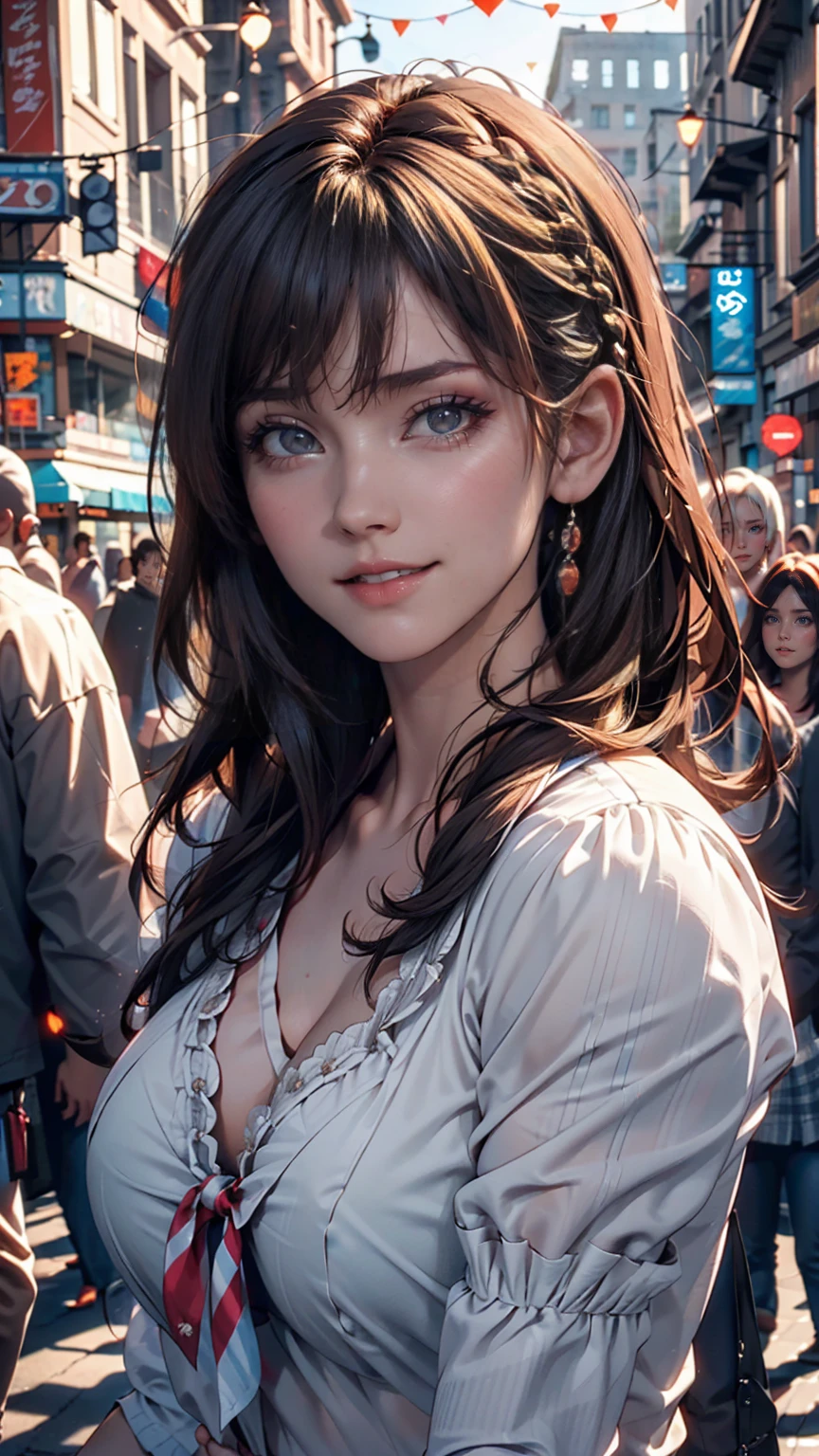 Highest quality, Realistic, 1peopleの女の子, woman,(Skin Dentition), Mid-chest, (bright), (Professional Lighting, Bokeh), (street), people々, crowd, Braided bangs, (blouse:1.5), (Portrait:0.8), nice, bloom, Floating Hair, (Dynamic pose:0.6) , Soft lighting, 