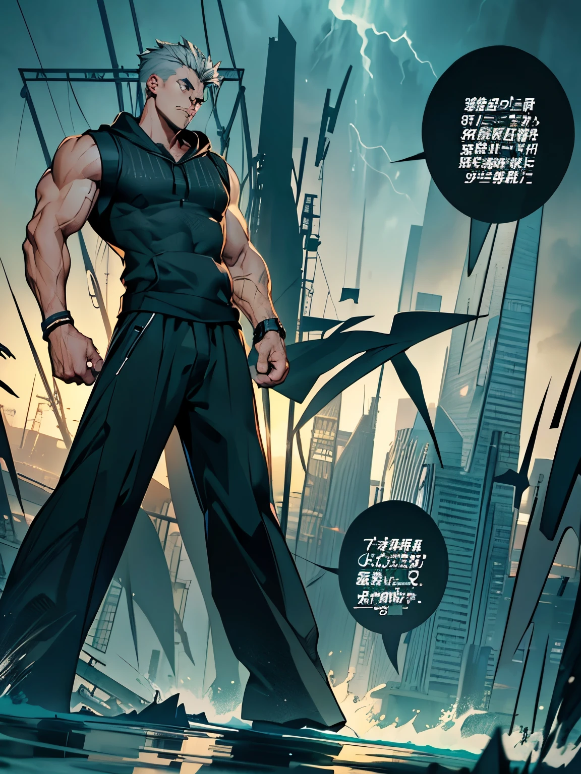 1boys, 26 Years old, Serious face, (((muscular))), ((black sleeveless sweater, hoodie)), black pants, gray hair, standing in ocean, storm weather,