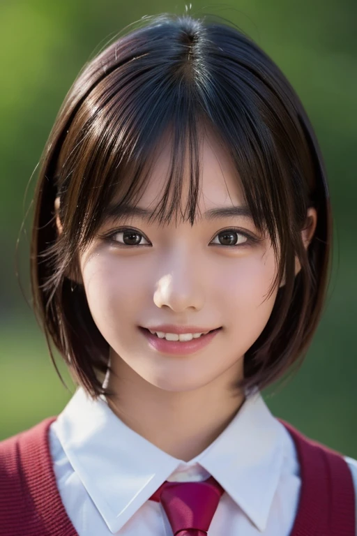 ((masterpiece, Highest quality, High resolution)), 1 Japanese girl, (Realistic: 1.4), Great face, 15 years old, smile、short hair, (Beautiful Hair:1.5), Light pink shirt、Red tie、School classroom, Angle from the front, Smooth, Highly detailed CG composite 8K wallpaper, High resolutionのRAWカラー写真, Professional photography, Light, BackLight, dream-like, impressive, Written boundary depth, (Face close-up:1.5)
