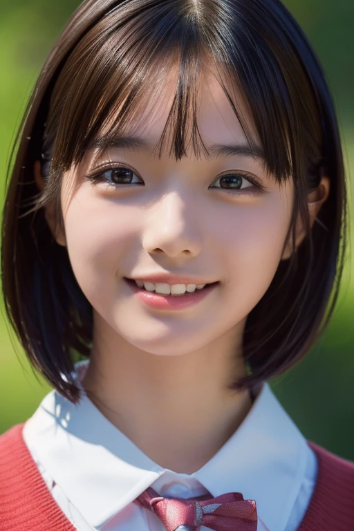 ((masterpiece, Highest quality, High resolution)), 1 Japanese girl, (Realistic: 1.4), Great face, , smile、short hair, (Beautiful Hair:1.5), Light pink shirt、Red tie、School classroom, Angle from the front, Smooth, Highly detailed CG composite 8K wallpaper, High resolutionのRAWカラー写真, Professional photography, Light, BackLight, dream-like, impressive, Written boundary depth, (Face close-up:1.5)