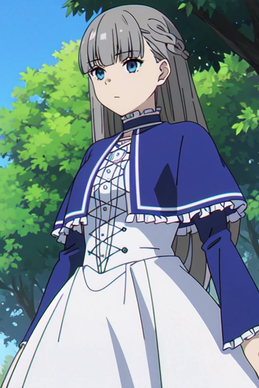 ((Bestquality))),((Ultra-detailed)),((illustration)),((Disheveledhair)),((frilld)),(1girl),(Solo),
1girl, bangs, blue eyes, blue sky, blunt bangs, braid, bush, capelet, closed mouth, day, dress, eyebrows visible through hair, field, forest, frilled dress, frilled sleeves, frills, grass, long hair, long sleeves, looking at viewer, mountain, nature, on grass, outdoors, plant, shading eyes, sky, solo, standing, tree, wide sleeves, grey hair, Wet, Damp clothes, wet clothes