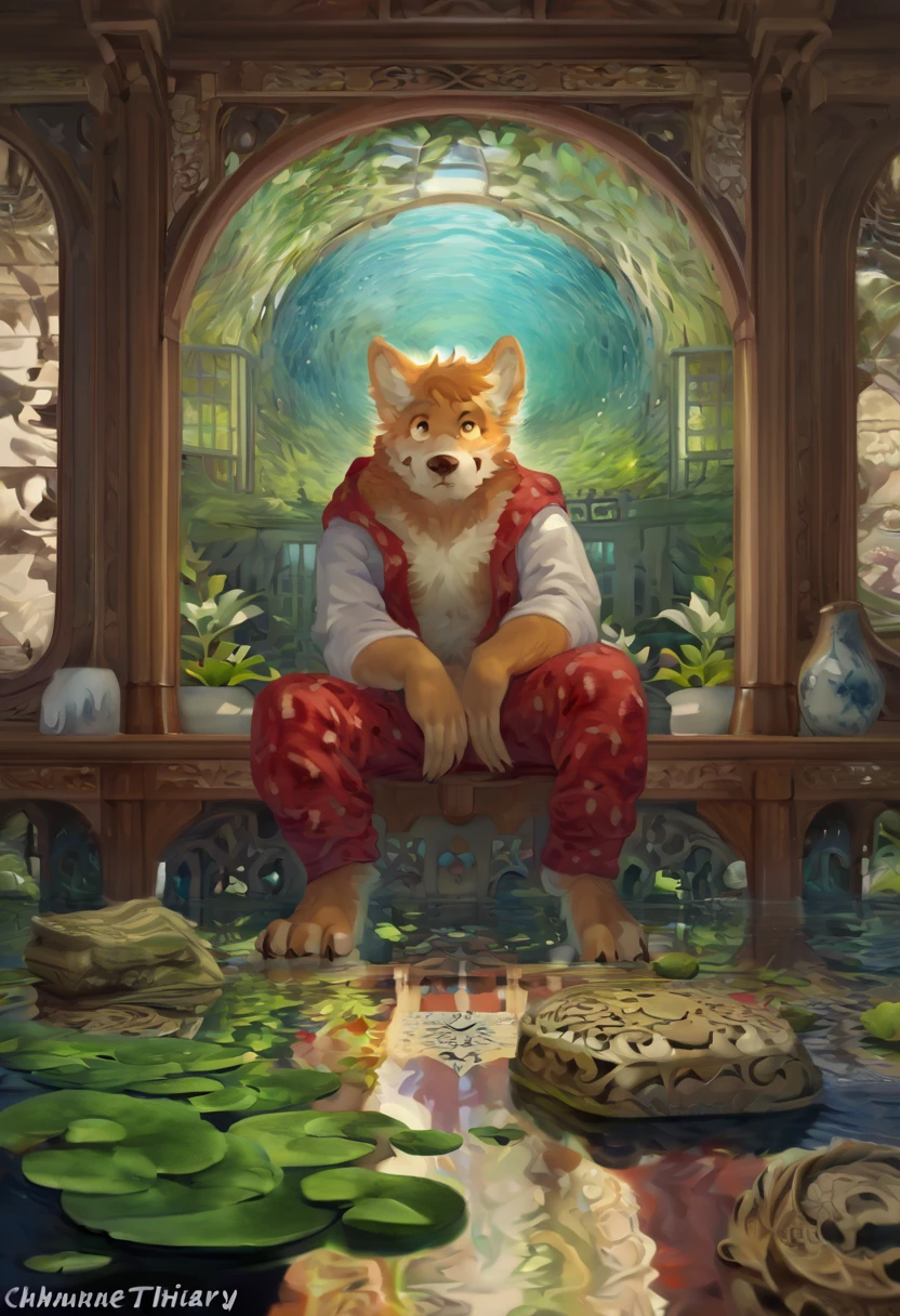 Top quality, best quality, Michelangelo's high-quality illustrations, author:johannes vemeer, masterpiece, Ultra-high resolution, Detailed background,(Textile Art, pajamas, surrounded cistern, transparent aquarium, Aquatic plants, fluorescent lamp, caustics)(reflect, refraction, polarization:1.2)(Very detailed and beautiful face and eyes)absurd, Perfect anatomical structure(Handsome 1boy, Beast field, Focus only, adventurer, archaeologist)(hairy)(hairy anthro:1.7)(hairy身体, dog facial features, dog body features)(Very fine body hair)whole body, Poker face, Shut up, Antique furniture, Shadowed side,