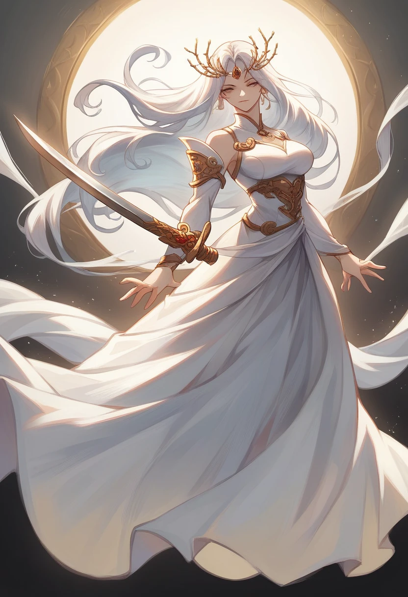 a close up of a woman with a sword in a white dress, a character portrait by Yang J, trending on cgsociety, fantasy art, beautiful character painting, artwork in the style of guweiz, guweiz, white hanfu, flowing white robes, full body wuxia, epic exquisite character art, stunning character art, beautiful female assassin