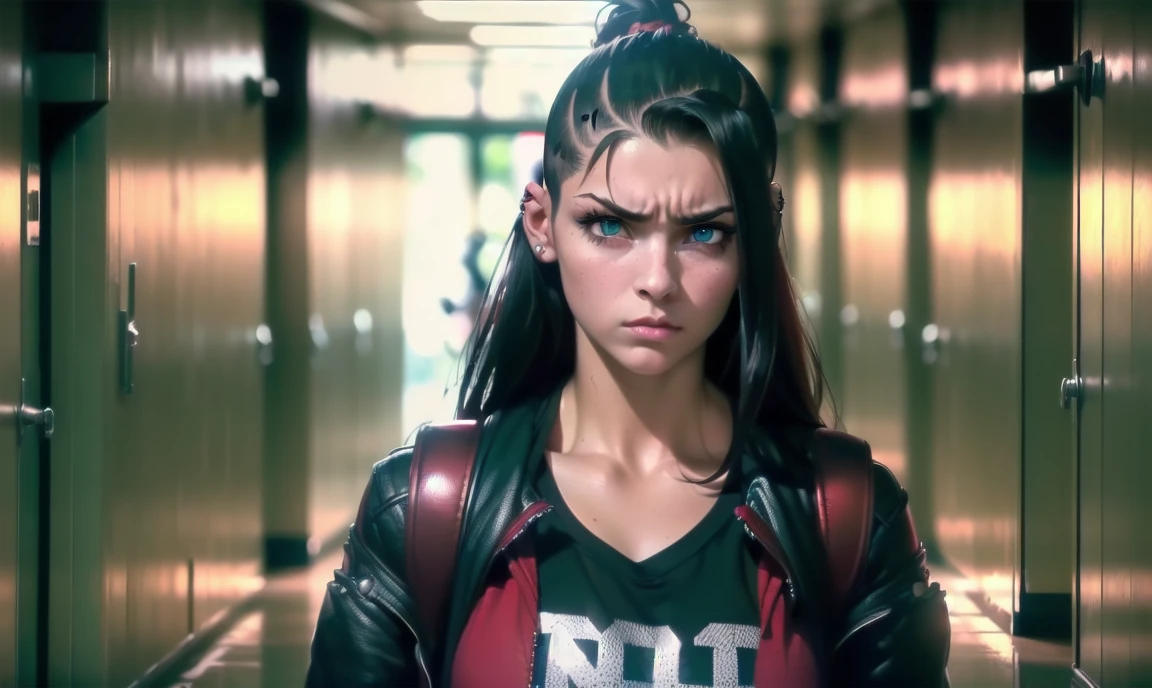 "((highly detailed, detailed eyes, detailed face, clear and realistic facial features, photorealistic, realistic light; cinematic)), (1 woman), ((((school hallway background)))), (((sexy athletic punk tough bully female))), ((18-year-old age female)), ((((glaring intimidating expression)))), (snarling), ((threatening mood)), ((blue-green eyes)), ((long black hair with an undercut)), (((dressed in trough attractive clothes))), ((red tint in hair)), ((blocking your path/standing in your way))."