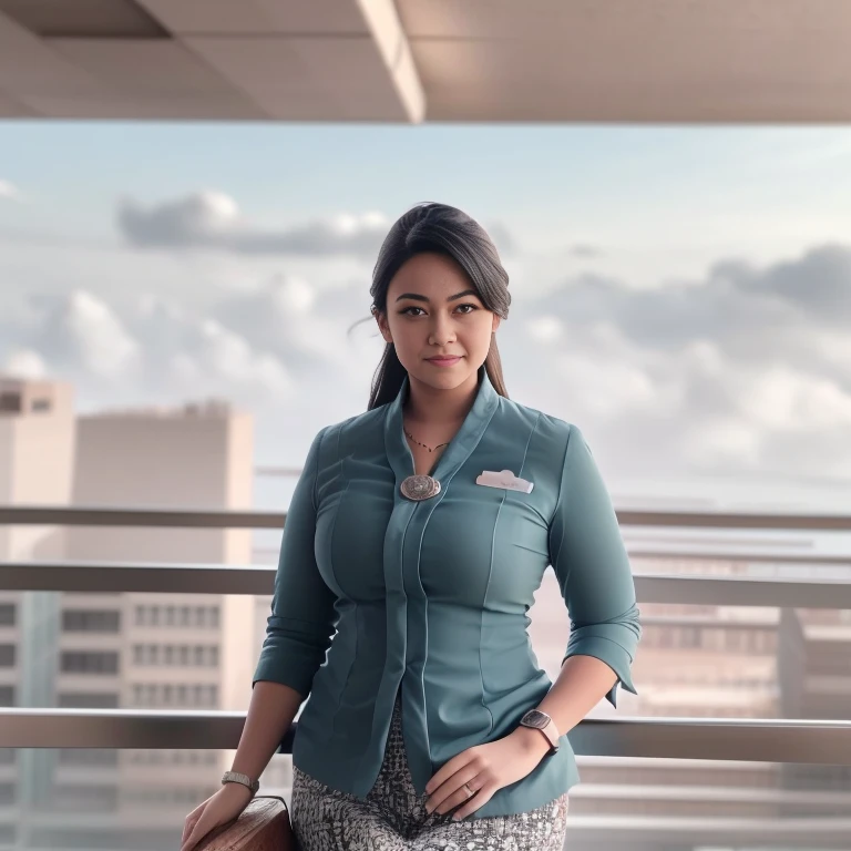 1girl, solo, 19 years old, standing in the middle of a large airport, thick medium breasts, semi-curvy body, smooth realistic skin, cute little smirk, wearing flight attendant uniform, looking at the audience, (overhead shot:1.2), (zoom out:1.4), (8k, RAW photo, best quality, masterpiece: 1.4), (realistic, realistic: 1.37), ultra-high resolution, cowboy shot