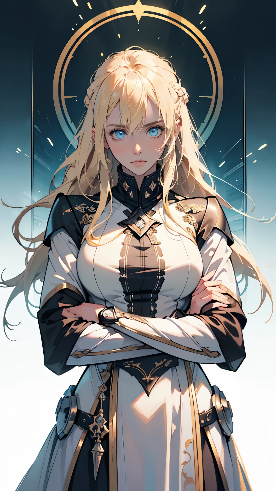 {{masterpiece}}, {{{best quality}}},{{ultra-detailed}}, {{illustration}},{{tall stature}},{{adult women}},((Sweatをかいて不機嫌な女剣士)),Small breasts,Slender,{{Breast Armor}},((mini skirt)),Over-the-knee leather boots, Get down on one knee V-shaped eyebrows Sweat No sleeve Armor Chest Breast Armor Gauntlet A strong expression blunt bangs Blonde long hair 1 female,alone, Jail