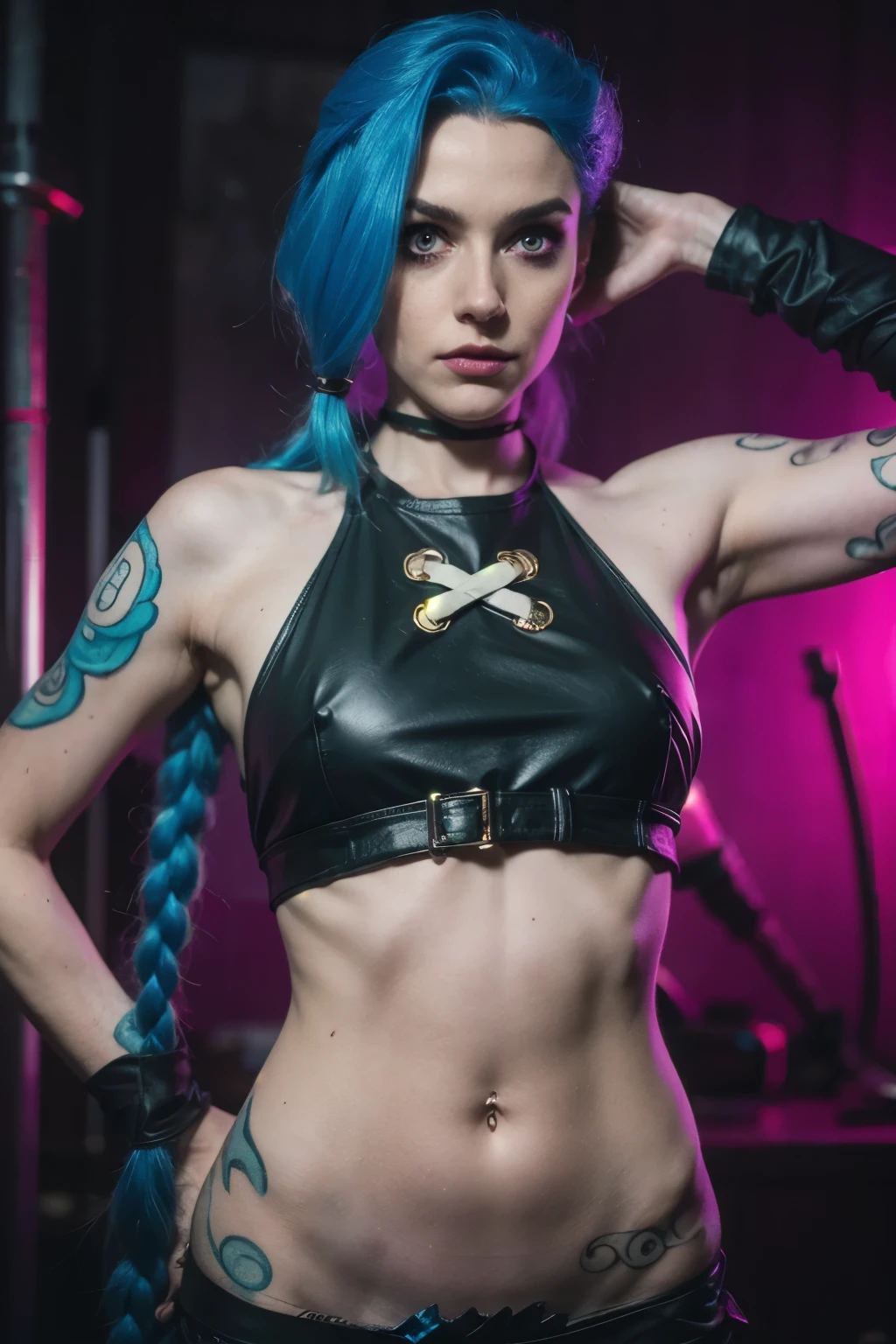 Hyper realistic super detailed Jinx cosplay , Very detailed, (hyper realistic: 1.4), in dynamic pose, angry face, twin braids, long hair, blue hair, red eyes, tattooed arm , arcane style. ((Grunge Neon grafitti background)).