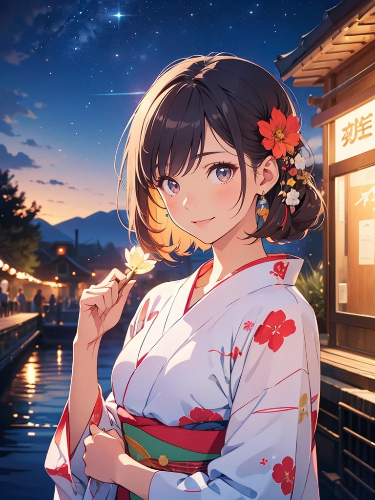 Summer festival,Date with her,night, Starry Sky,yukata,Gazing at the sky,high school girl,smile,Glitter effect,Highest quality, 8k, High resolution, masterpiece:1.2, Very detailed, Realistic:1.37, High resolution, 超High resolution, Ultra-fine painting, Very detailed, Professional, Vibrant colors
