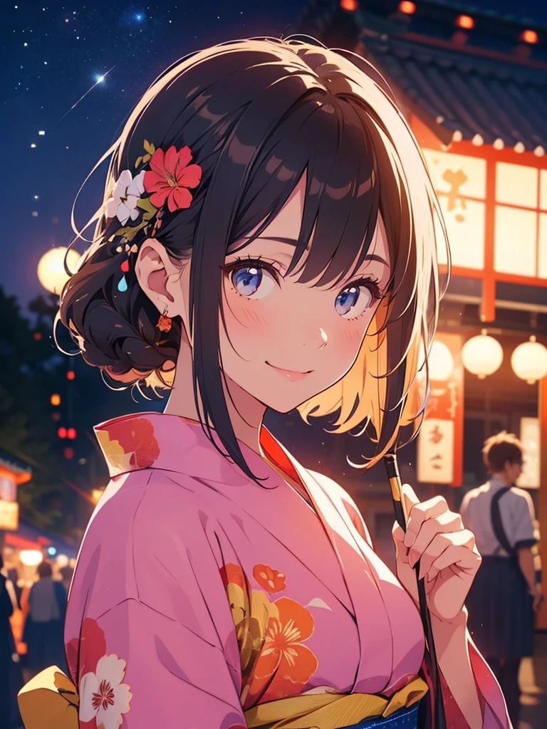Summer festival,Date with her,night, Starry Sky,yukata,Gazing at the sky,high school girl,smile,Glitter effect,Highest quality, 8k, High resolution, masterpiece:1.2, Very detailed, Realistic:1.37, High resolution, 超High resolution, Ultra-fine painting, Very detailed, Professional, Vibrant colors