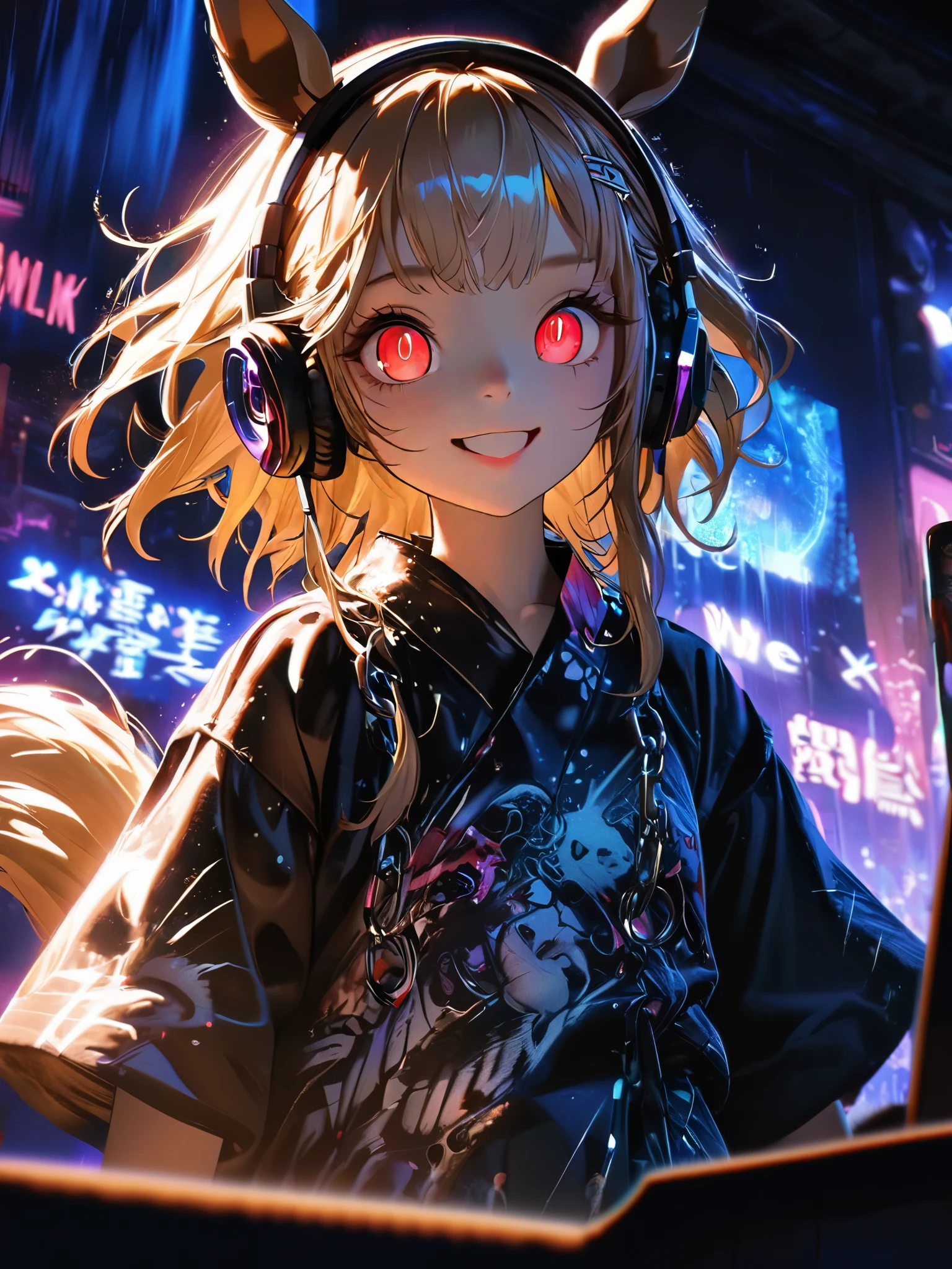 1 girl, chromatic aberration, Written boundary depth, Soft Light, masterpiece, Highest quality, complicated, Tone Mapping, Very detailed, Art Station, Concept Art, Smooth, Clear focus, Dramatic lighting, Very detailed artwork, movie, super practical painting, Art Station's trending, 8k, Incredible Shadows, practical, (Very detailed background:1.0), whole body, View, Viewers, Very detailed portrait of one girl 1, standing on street corner, Heavy rain and lightning、Dark Sky, neon and cyber punk background, she is dressed in punk clothing with silver chains and silver spikes, Her hair was dyed light brown...........,The middle part is black, She wears headphones, Detailed red eyes with clear pupils, Ominous aura of light, smile, punk, ciber punk, Backlight.Has horse ears、Has a horse tail,Approaching the horse.No headphones needed、More Horses.Wear a yukata.Fireworks Viewing.The background is a festival、Fireworks are going off.