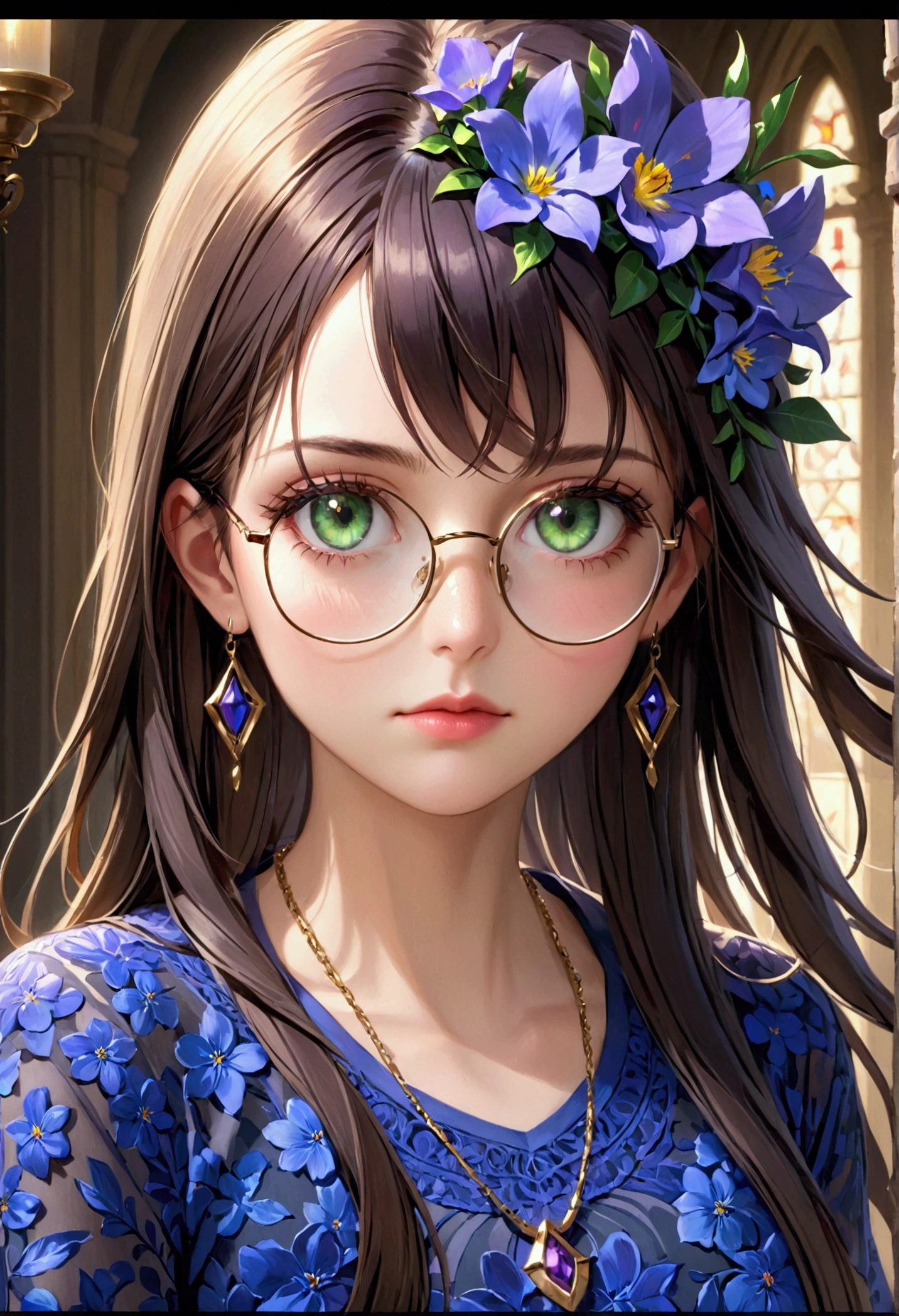 1 woman adult, straight hair, green eyes, beautiful detailed eyes, beautiful detailed lips, extremely detailed face and eyes, long eyelashes, blue shirt, necklace with purple flower, bangs divided in two, wide and mature face, glasses, detailed, photorealistic, 8k, hyper realistic, concept art, dramatic lighting, cinematic, vivid colors, highly detailed, masterpiece, best quality