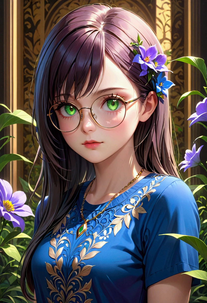 1 woman adult, straight hair, green eyes, beautiful detailed eyes, beautiful detailed lips, extremely detailed face and eyes, long eyelashes, blue shirt, necklace with purple flower, bangs divided in two, wide and mature face, glasses, detailed, photorealistic, 8k, hyper realistic, concept art, dramatic lighting, cinematic, vivid colors, highly detailed, masterpiece, best quality