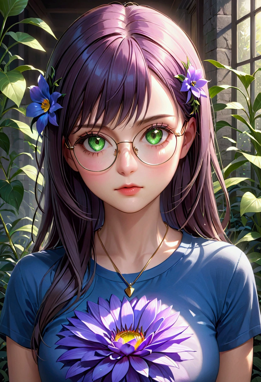 1 woman adult, straight hair, green eyes, beautiful detailed eyes, beautiful detailed lips, extremely detailed face and eyes, long eyelashes, blue shirt, necklace with purple flower, bangs divided in two, wide and mature face, glasses, detailed, photorealistic, 8k, hyper realistic, concept art, dramatic lighting, cinematic, vivid colors, highly detailed, masterpiece, best quality