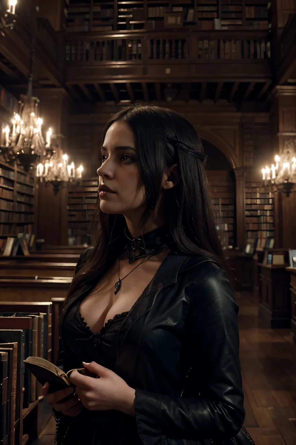 a picture taken from a movie showing a woman in a library, digital art by Pablo Munoz Gomez, cgsociety contest winner, gothic art, dark library, the librarian, gothic epic library, dark fantasy mixed with realism, fantasy dark art, dark fantasy horror art, dark fantasy art, style of charlie bowater, unknown, gothic library, fantasy horror art