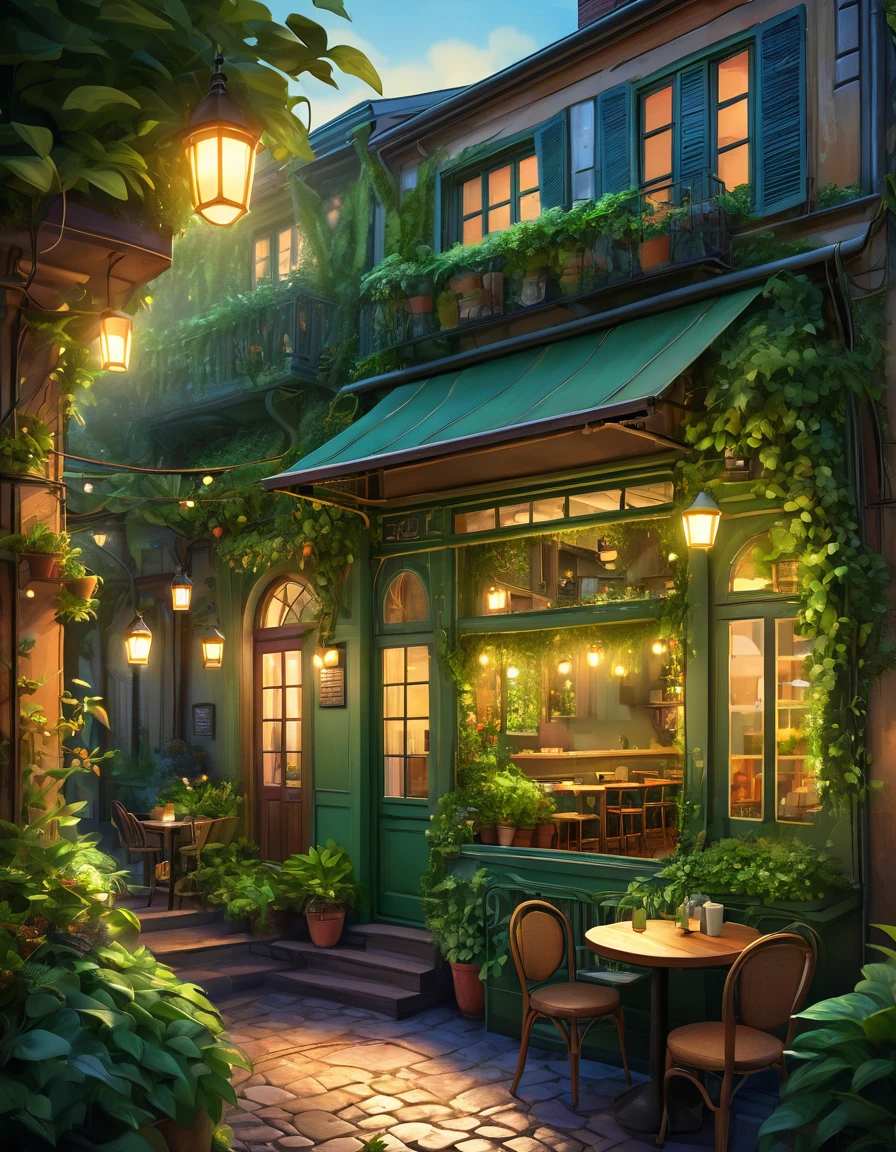 Detailed and vibrant illustration of a cozy, rustic café set in an urban environment. The layout features a two-story building with a charming, overgrown facade covered in lush green vines and plants. The lower level showcases an inviting outdoor seating area with a few tables and chairs, illuminated by warm, hanging lanterns. The café's entrance is marked by a large, glass-paneled door, surrounded by various potted plants and decorative elements. The upper level has a large window with warm, glowing lights inside, partially obscured by more greenery. The overall ambiance is warm and inviting, with a mix of natural and artificial lighting creating a serene and welcoming atmosphere.gorgeous digital painting by Niko Henrichon, romantic ambient, soft night time, setting in nature, cozy setting, stunning view, all in the amazing outdoors view, 4k digital painting, no human, uHd, in distance view. 4k wallpaper, wide angle view, Wallpaper style, professional photography style, keep cool distance, middle position , landscape view, large angle focused