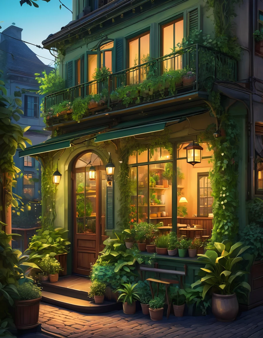 Detailed and vibrant illustration of a cozy, rustic café set in an urban environment. The layout features a two-story building with a charming, overgrown facade covered in lush green vines and plants. The lower level showcases an inviting outdoor seating area with a few tables and chairs, illuminated by warm, hanging lanterns. The café's entrance is marked by a large, glass-paneled door, surrounded by various potted plants and decorative elements. The upper level has a large window with warm, glowing lights inside, partially obscured by more greenery. The overall ambiance is warm and inviting, with a mix of natural and artificial lighting creating a serene and welcoming atmosphere.gorgeous digital painting by Niko Henrichon, romantic ambient, soft night time, setting in nature, cozy setting, stunning view, all in the amazing outdoors view, 4k digital painting, no human, uHd, in distance view. 4k wallpaper, wide angle view, Wallpaper style, professional photography style, keep cool distance, middle position , landscape view, large angle focused