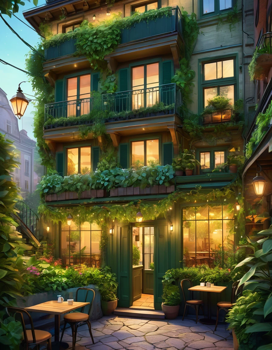 Detailed and vibrant illustration of a cozy, rustic café set in an urban environment. The layout features a two-story building with a charming, overgrown facade covered in lush green vines and plants. The lower level showcases an inviting outdoor seating area with a few tables and chairs, illuminated by warm, hanging lanterns. The café's entrance is marked by a large, glass-paneled door, surrounded by various potted plants and decorative elements. The upper level has a large window with warm, glowing lights inside, partially obscured by more greenery. The overall ambiance is warm and inviting, with a mix of natural and artificial lighting creating a serene and welcoming atmosphere.gorgeous digital painting by Niko Henrichon, romantic ambient, soft night time, setting in nature, cozy setting, stunning view, all in the amazing outdoors view, 4k digital painting, no human, uHd, in distance view. 4k wallpaper, wide angle view, Wallpaper style, professional photography style, keep cool distance, middle position , landscape view, large angle focused