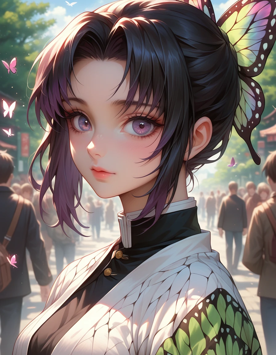 Shinobu , demon Slayer anime girl with butterfly hair and butterfly ears in a crowd, artwork in the style of guweiz, detailed digital anime art, clean detailed anime art, beautiful anime portrait, anime visual of a cute girl, digital anime illustration, beautiful anime artwork, guweiz, detailed anime character art, detailed portrait of anime girl, detailed anime artwork, digital anime art