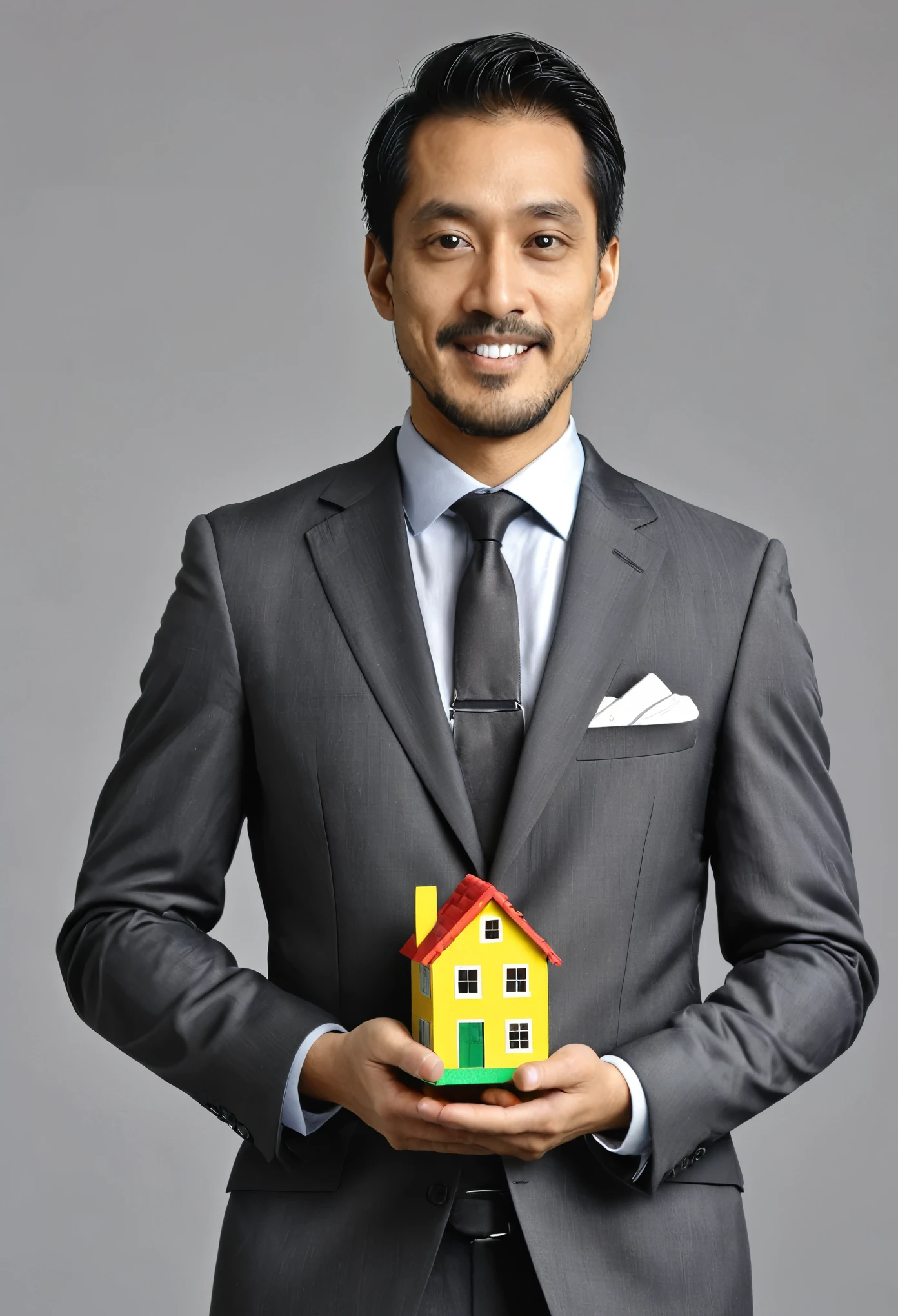 man in suit holding house toy , gray background , highly detailed ,
