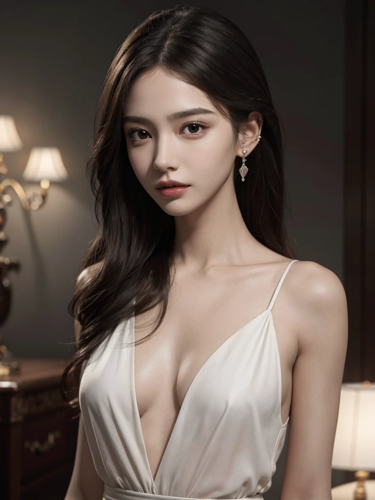 absurdres, RAW photo, extremely delicate and beautiful, masterpiece, Best Quality, ultra high resolution, 32k, hyper realistic, ultra-detailed, Very detailed CG 8k wallpaper, detailed background, landscape, Beautiful Lighting, Perfect Lightning, Realistic Shadows, perfect anatomy, anatomically correct, ideal ratio body proportions, perfect figure, Perfect Style, Perfect balance, super Detailed skin, in her 10s, very Slim body, narrow waist, very small head, very small face, delicate facial features, handsome detailed woman, very detailed eyes and face, realistic face proportions, Realistic beautiful face, Realistic beautiful eyes, tearful mole, earring, full body shot, very huge round tits, medium hair, asymmetrical hair, wavy hair, gypsy,
