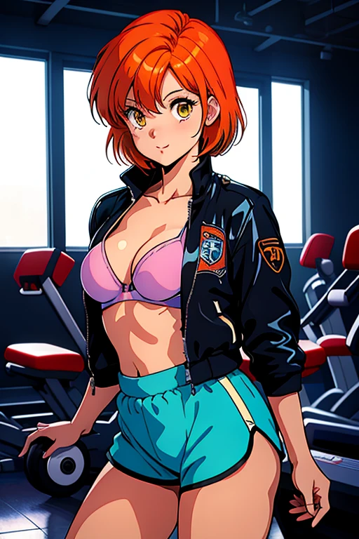 (Masterpiece, Best Quality, High Quality), facing viewer,volumetric lighting, illustration, beautiful, tight , Blushing, looking at viewer, blue sport bra top, blue leather small jacket, blue gym shorts, tight shorts, solo, posing for picture, seductive, perfect lighting, perfect shadows,Hoshizora rin, orange hair, yellow eyes ,1980s \(style\), medium breasts