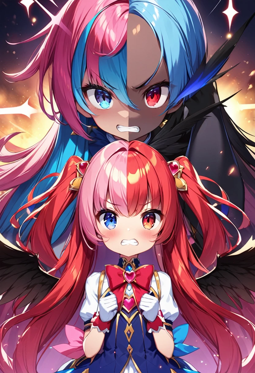 ((Top Quality)), ((Excellent)), (Detailed), Perfect face 1 girl, alone, long hair, looking at viewer, bangs, blue eyes, red eyes, gloves, dress, bow, pigtails, jewelry, blue hair, redhead, wings, shining, heterochromia iridum, magical girl, clenching teeth, 2 heavy personality, black wings, dark person, transformation, corruption, split theme