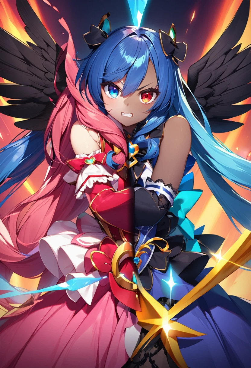 ((Top Quality)), ((Excellent)), (Detailed), Perfect face 1 girl, alone, long hair, looking at viewer, bangs, blue eyes, red eyes, gloves, dress, bow, pigtails, jewelry, blue hair, redhead, wings, shining, heterochromia iridum, magical girl, clenching teeth, 2 heavy personality, black wings, dark person, transformation, corruption, split theme