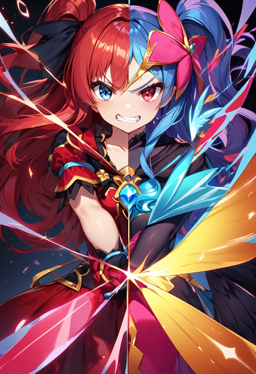 ((Top Quality)), ((Excellent)), (Detailed), Perfect face 1 girl, alone, long hair, looking at viewer, bangs, blue eyes, red eyes, gloves, dress, bow, pigtails, jewelry, blue hair, redhead, wings, shining, heterochromia iridum, magical girl, clenching teeth, 2 heavy personality, black wings, dark person, transformation, corruption, split theme
