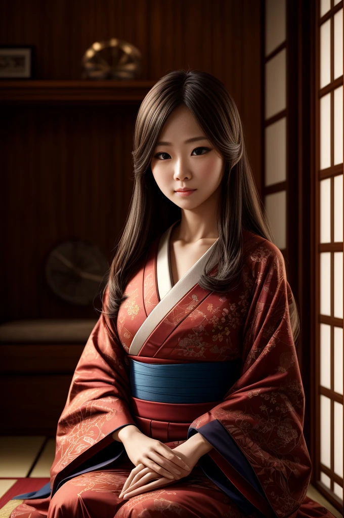 a beautiful yokai girl, 1girl, detailed face, long beautiful hair, elegant kimono, sitting on a tatami mat, traditional japanese interior, shoji screens, soft lighting, muted color palette, delicate details, (best quality,4k,8k,highres,masterpiece:1.2),ultra-detailed,(realistic,photorealistic,photo-realistic:1.37)
