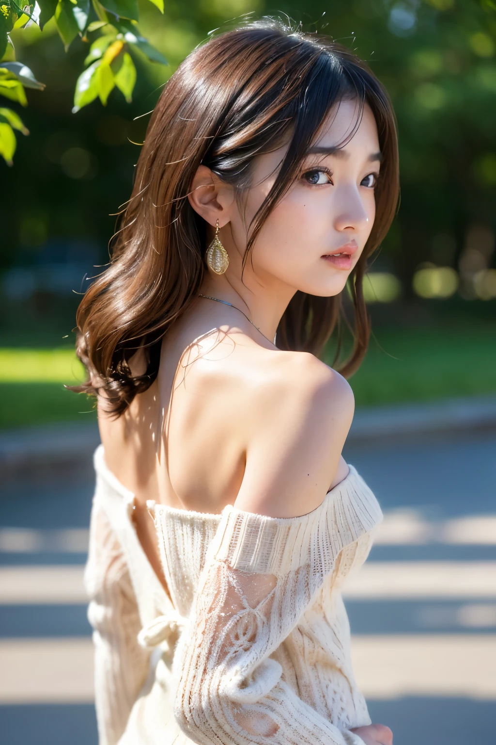 ((Realistic Sunlight, 8k, Top Quality, Masterpiece: 1.3)), Best Quality, Illustration, Ultra-detailed, finely detail, high resolution, 8K Wallpaper, Perfect dynamic composition, Beautiful detailed eyes, (Tight off-the-shoulder knitwear, : 1.3),Big breasts, Natural Color Lip, Random and sexy poses, Street, Walking, 20 years girl, sweaty skin:1.4, (beautiful detailed face and eyes:1.4),beautiful long hair, Highly detailed face and skin texture, Highly detailed lip texture, Beautiful detailed eyes, Raw Photo, ((Very Delicate and Cute Japanese Girl:1.4)), (1 girl)), Perfect Style, cleavage, necklace, earrings, realistic shadows, ((focus on back:1.4)),nsfw,(from behind:1.8), (Gazing-into-the-Distance:1.3)
