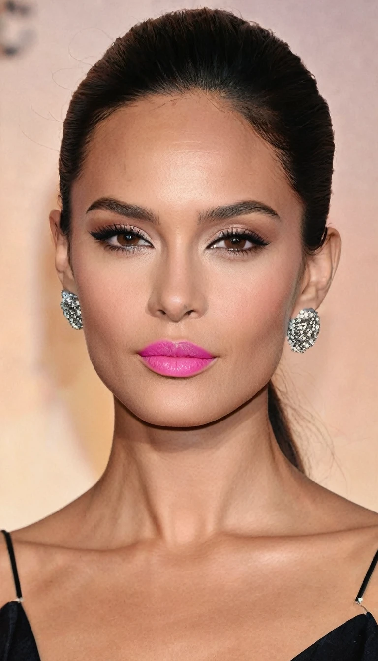 "Create an image of a woman with the following facial features: the face is oval, with long hair, smooth and black, divided in half. The forehead is medium in size and without bangs. Eyebrows are thick and arched, well defined. eyes are dark brown, large and highlighted by a discreet eyeliner and long eyelashes. The nose is thin and well proportioned. Cheekbones are high, providing a smooth contour. The mouth has full lips, with pink lipstick. The skin is clear and illuminated. She wears a discreet earring in each ear.. The expression is serene and confident, in a neutral setting that highlights your facial features. realisitic