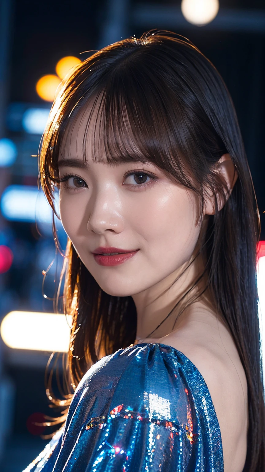 1girl,(wearing a blue glittery evening dress:1.2),(RAW photo, best quality), (realistic, photo-realistic:1.4), masterpiece, an extremely delicate and beautiful, extremely detailed, 2k wallpaper, Amazing, finely detail, extremely detailed CG unity 8k wallpaper, ultra-detailed, highres, soft light, beautiful detailed girl, extremely detailed eyes and face, beautiful detailed nose, beautiful detailed eyes,cinematic lighting,city lights at night,perfect anatomy,slender body,light smile,close up,(long hair with bangs), perfect breast,NSFW