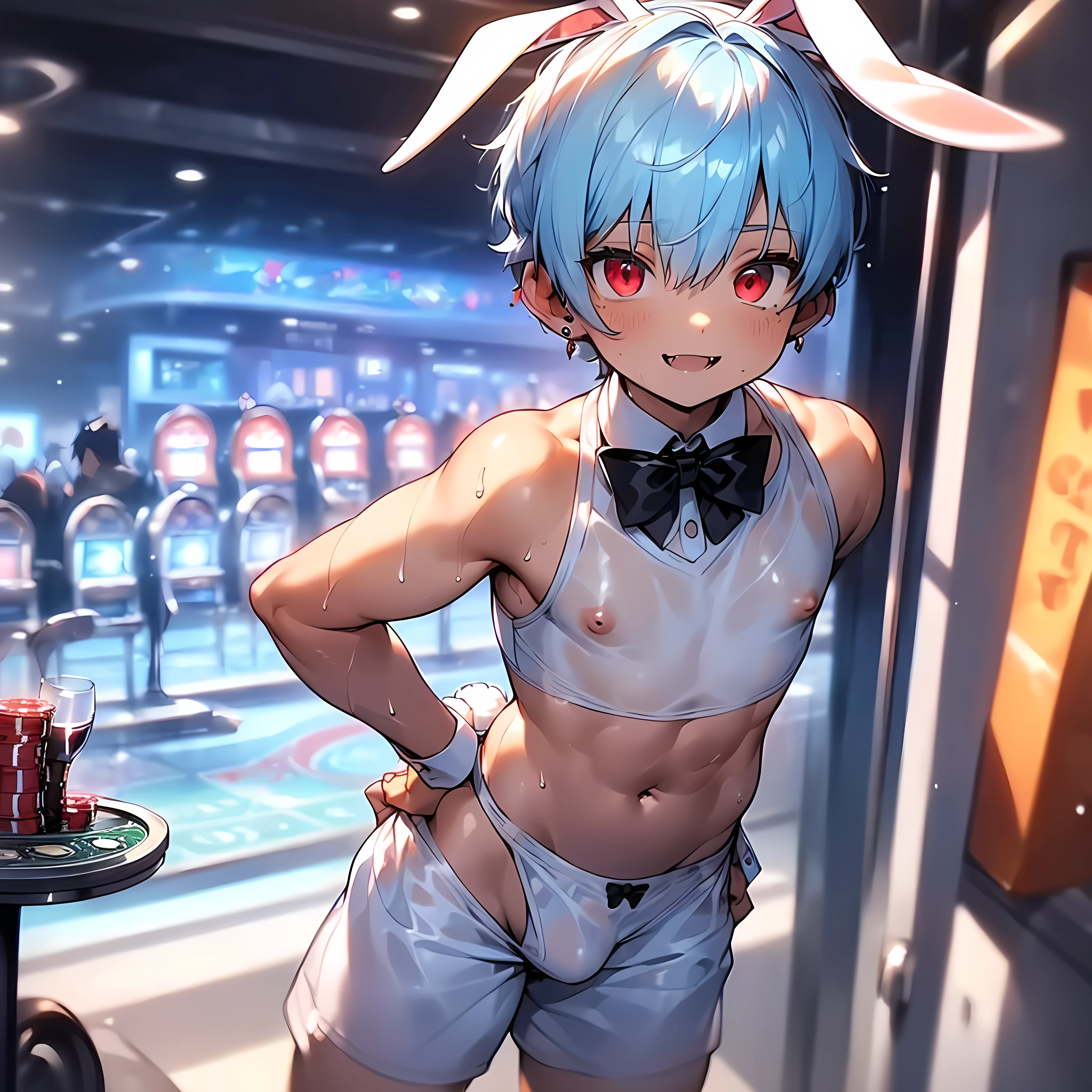(solo:2), (boldline:-1.7), (metal tray on his hand:1.3), (glass on tray:1.5), (black bow tie:1.5), (sexy pose:1.5), (arched back:1.2), (((fang))), (((best finger))), (((best hands))), (((best arms))), (((best legs))),BREAK (best quality:1.5), (absolutely resolution:1.5), (ultra detailed:1.5), (masterpiece:1.5), (perfect face), (detailed face), (detailed eyes), (best eyes), (cute face), (shota:2), BREAK (bunny costume:1.5), BREAK (white speedos:1.6), (see through wet clothes:1.2), (rabbit ears:1.5), (bunny tail on his hip:1.5), (bulge:1.6), (skinny:1.3), BREAK (light blue hair:1.5), (spiked hands), (wine red eyes:1.4), (eyes with highlight:1.6), ((mole under eye)), (sweaty skin), (smiling:1.3), ((earrings)), (shiny skin:1.3), BREAK (casino:1.5), (money:1.5), (((spot light))), ((wind blowing)), ((nipple)), (abs), (groin),