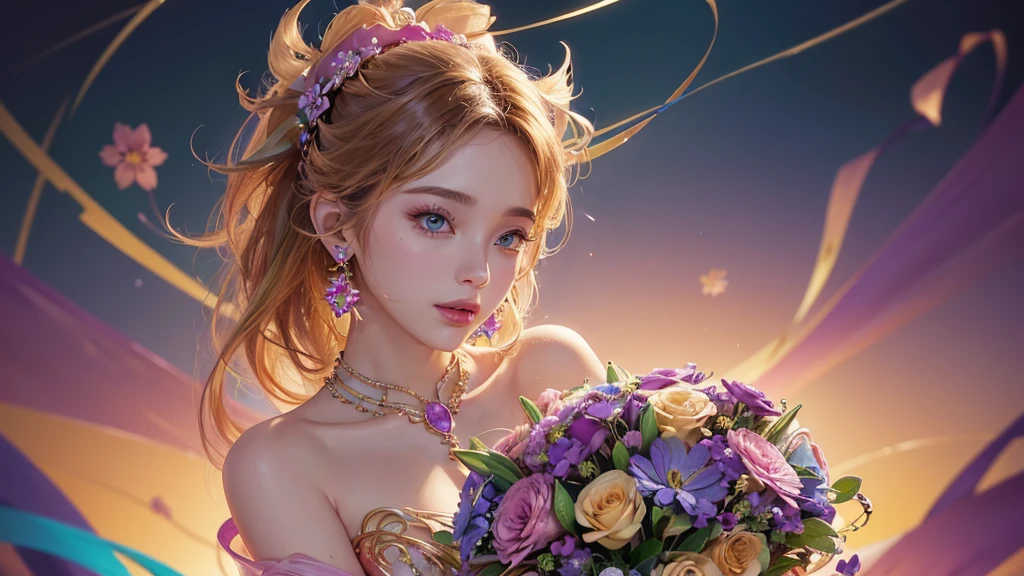 32K, 最高quality, 最高masterpiece, (ultra-Detailed Background, Detailed Background), High resolution, Super detailed, Very detailedな, One girl, (bouquet:1.3), (Tangled:1.2), (Geometric:1.2),(colorful),(masterpiece, quality, best quality, Official Art, Beautiful and beautiful:1.2), (1 girl:1.3), Very detailed,(colorful:1.1)(Flowers:1.3),Most detailed,(Tangled:1.2), whole body, (Abstract background:1.3), (Skin glows), (Many colors:1.4), ,(Earrings Jewelry:1.5), Gradient pink background,