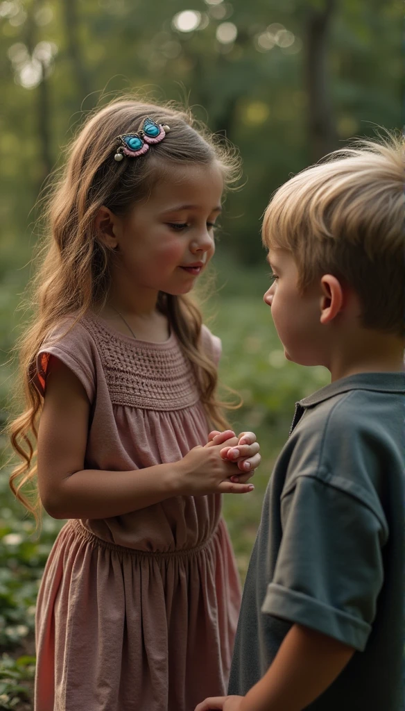 (best quality,4k,8k,highres,masterpiece:1.2),ultra-detailed,(realistic,photorealistic,photo-realistic:1.37),1girl,2boys,beautiful detailed eyes,beautiful detailed lips,extremely detailed eyes and face,long eyelashes,light brown hair flowing in the wind,two boys walking away,girl standing alone in the middle,green garden with vibrant flowers and tall trees,soft sunlight filtering through the leaves,peaceful and serene atmosphere,children wearing casual clothes,arms swinging playfully,bare feet touching the grass,faint sound of laughter in the air,whisper of the wind passing by,subtle hints of autumn colors on the leaves,faint scent of blooming flowers,sparkling dew drops on the petals,soft petals gently falling to the ground,moments frozen in time,emotional connection depicted through body language,faint distant sounds of birds chirping in the distance