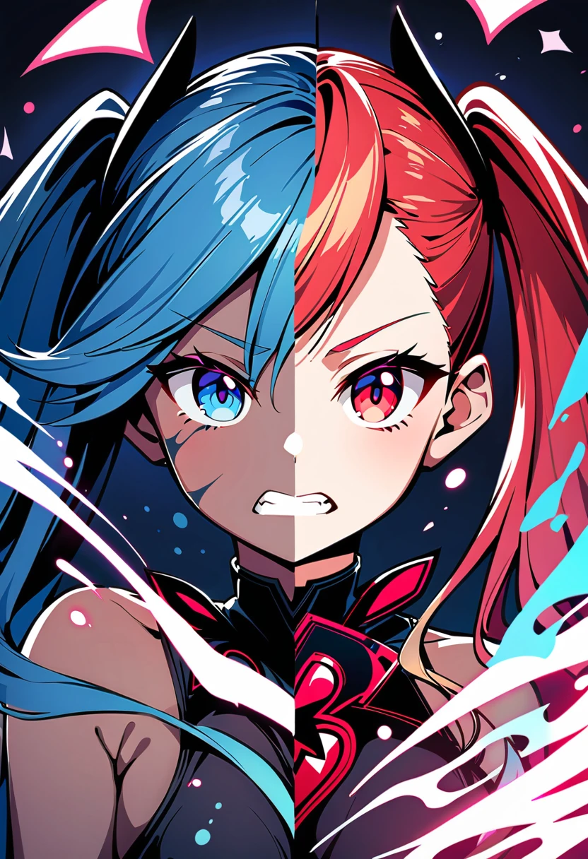 ((Top Quality)), ((Excellent)), (Detailed), Perfect face 1 girl, alone, long hair, looking at viewer, bangs, blue eyes, red eyes, gloves, dress, bow, pigtails, jewelry, blue hair, redhead, wings, shining, heterochromia iridum, magical girl, clenching teeth, 2 heavy personality, black wings, dark person, transformation, corruption, split theme