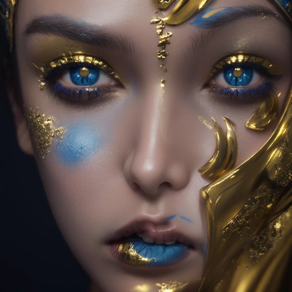 a close up of a woman's face with a gold and blue face paint, cinematic blue and gold, gold and blue