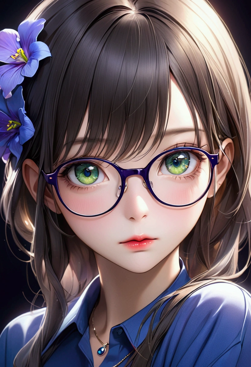 1 woman adult, straight hair, green eyes, beautiful detailed eyes, beautiful detailed lips, extremely detailed face and eyes, long eyelashes, blue shirt, necklace with purple flower, bangs divided in two, wide and mature face, glasses, detailed, photorealistic, 8k, hyper realistic, concept art, dramatic lighting, cinematic, vivid colors, highly detailed, masterpiece, best quality